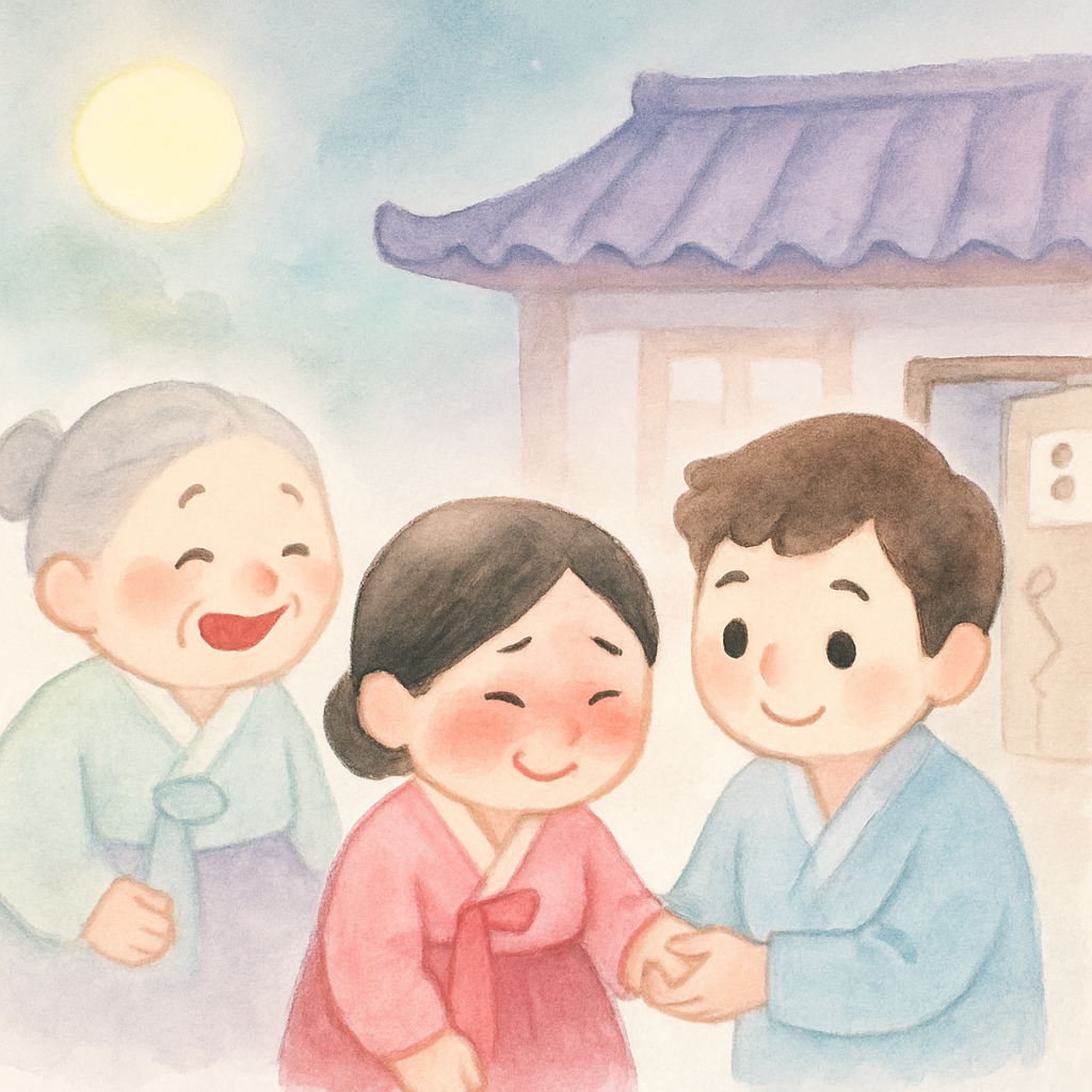 시어머니, 시아버지, 남편이 모두 나와서 놀라지만 웃으며 받아들이는 장면